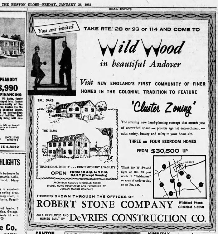 This Boston Globe ad for Wild Wood from January 1962 boasts New England's first cluster zoning community