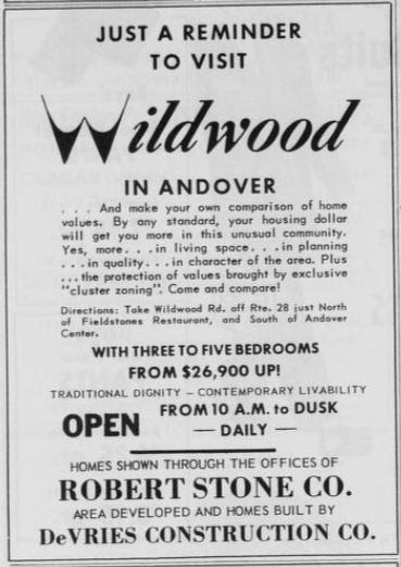 This advertisement for the new Wildwood Acres in an Andover Townsman advertisements lists "exclusive" cluster zoning as a value-added feature of the properties in the development.