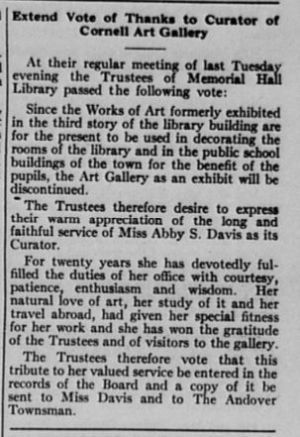 Cornell Art Gallery Discontinued, Andover Townsman Sept. 9, 1927